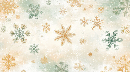 Gold and green snowflake pattern on textured winter background expressing festive calm