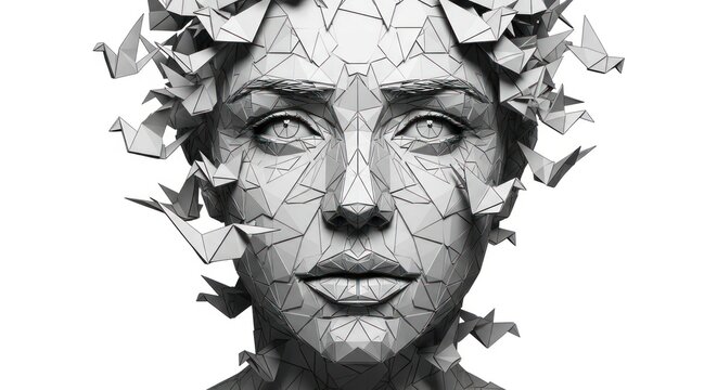 Abstract geometric portrait of woman with origami birds, monochrome - Powered by Adobe