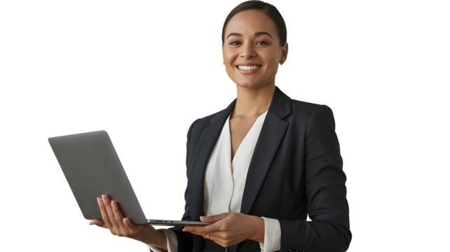 Confident businesswoman holding a modern laptop ready to present dynamic financial results with a radiant smile