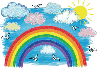 Create Crayon clouds with rainbow, sun and flying birds in blue sky. Kid doodle drawing on school chalkboard. Children color chalk or charcoal scribble. Vector background with white background.