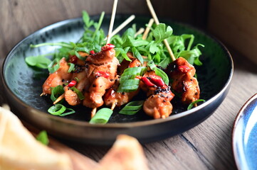 chicken skewers on sticks, homemade served food on a plate, close-up view, tasty grilled meat, simple rustic presentation,