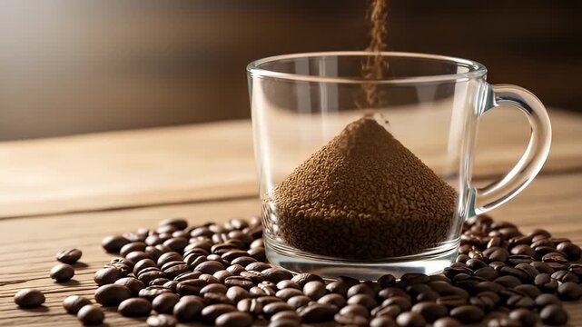 Close-up shot shows rich, dark instant coffee granules cascading into a transparent glass mug, gradually forming a concentrated pile. The mug sits on a rustic wooden table, artfully surrounded by scat