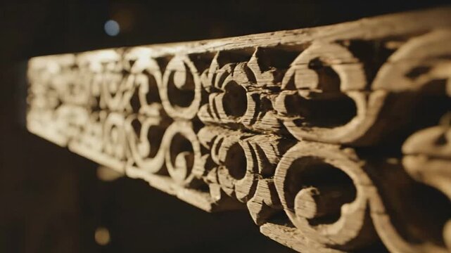 Close-up of an intricate, antique wooden carving with ornate floral patterns and a shallow depth of field.