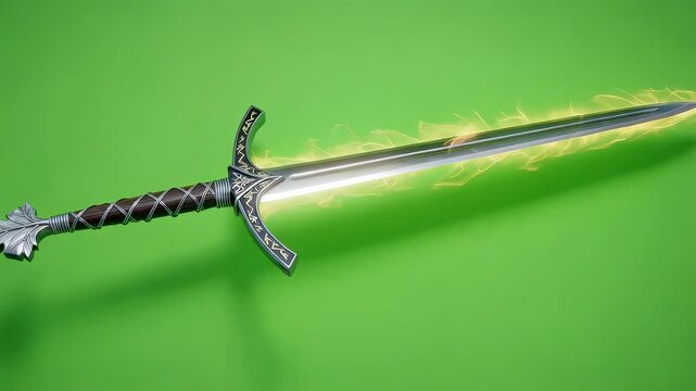 Animated silver sword with golden glowing energy effect on a green screen. A magical weapon for fantasy games. Chroma key effect.