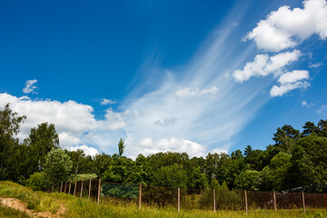 Expansive blue summer sky with gorgeous sweeping cirrus clouds and fluffy white cumulus over lush green trees and a grassy hill, evoking nature's boundless freedom
