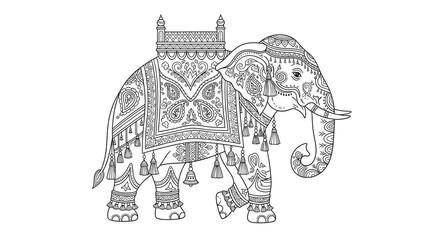 Detailed Line Art of an Ornate Indian Elephant Illustration.