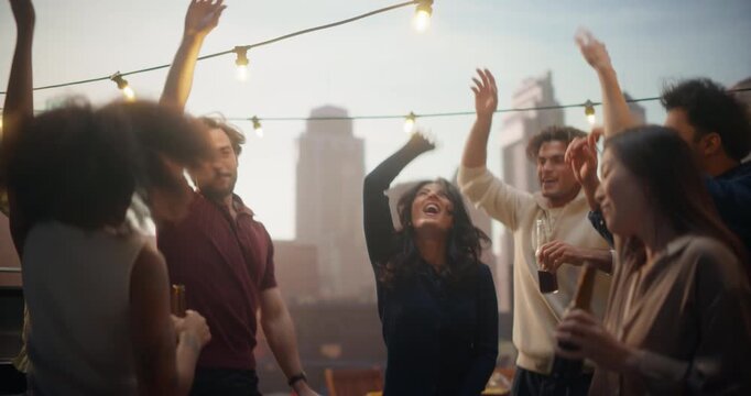 Friends Gather on a Rooftop, Dancing and Laughing Under City Lights. Focus on a Girl and Her Cheerful Energy and Carefree Spirit Create a Vibrant Weekend Celebration Filled With Music
