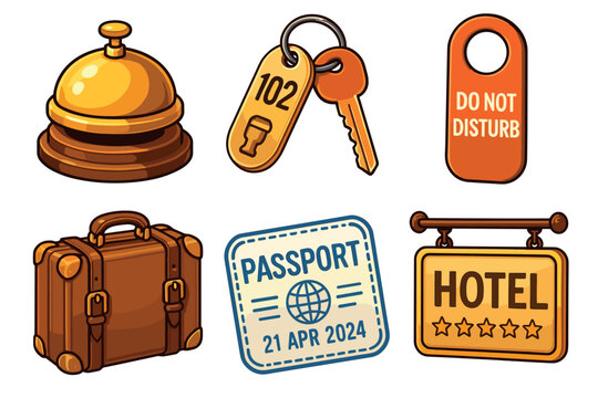 Hotel check in essentials with luggage and room key details. Set of 6 vector illustration
