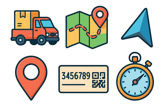 Delivery logistics concept with map and tracking marker for navigation. Set of 6 vector illustration