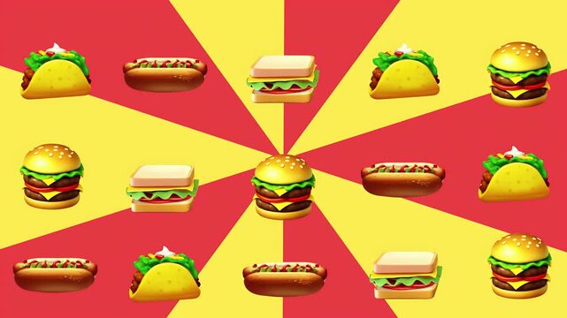 Vibrant Fast Food Pattern on Spinning Background Animation.