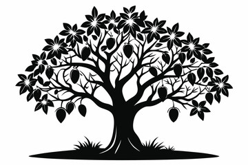 mango tree black and white silhouette on white background