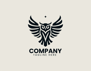 Obraz premium Majestic owl silhouette vector logo illustration with powerful, symmetrically spread wings and detailed feather texture. Wisdom and power concept