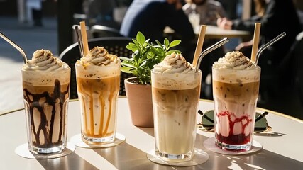 This bright and appealing close-up showcases a delightful array of four distinct iced beverages, artfully layered with various flavors and creamy textures, each crowned with a generous swirl of luscio