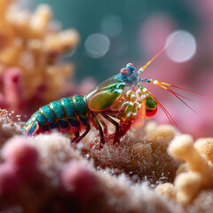 Vibrant mantis shrimp on coral reef. Striking underwater macro. Symbol of power, beauty, and the oceans hidden wonders. Perfect for nature, science, or travel.