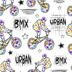 Fototapeta premium BMX riders and graffiti text. Urban street design with colorful splashes, hand-drawn elements, and dynamic sport style for apparel and background prints.