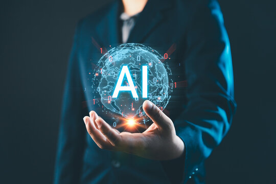AI Artificial Intelligence technology concept, A businessman holding a glowing holographic globe with AI text, digital transformation, and innovation in technology for business and future development