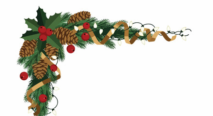 A festive Christmas corner decoration featuring pine cones, holly, ornaments, and a golden ribbon, perfect for holiday designs and seasonal greetings.