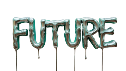 Liquid metallic letters spell FUTURE with dripping effect, symbolizing innovation and transformation for forward-thinking projects