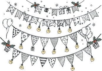 Create Doodle garland. Birthday party flags, hand drawn holiday pennant, sketch carnival garlands with lightbulb on string. Christmas bunting decoration, festive border. Vector isolated set with Backg