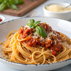 Close up shot of spaghetti with tomato sauce and basil in a white bowl on a bright background