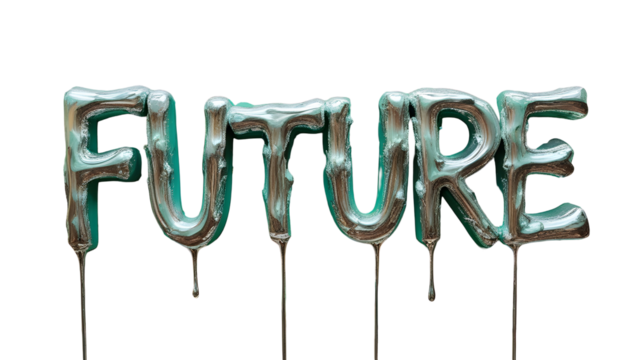 Liquid metallic letters spell FUTURE with dripping effect, symbolizing innovation and transformation for forward-thinking projects