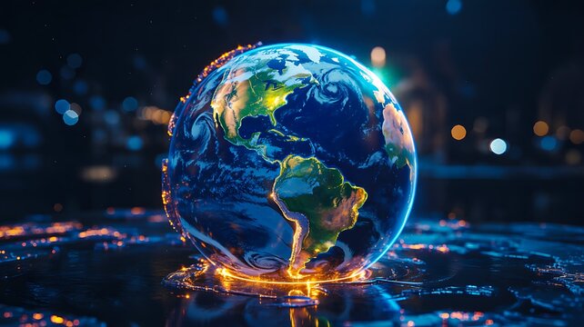 Glowing earth planet with continents and energy lights representing global connection and technology
