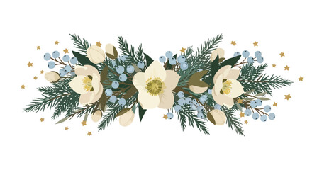 A beautiful floral arrangement features delicate white hellebore flowers, evergreen branches, and blue berries, perfect for winter holiday decorations.