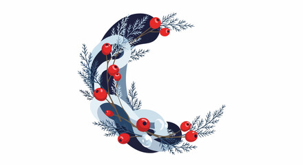 A stylized crescent moon design features winter berries and delicate foliage, creating an elegant, festive illustration perfect for holiday projects.