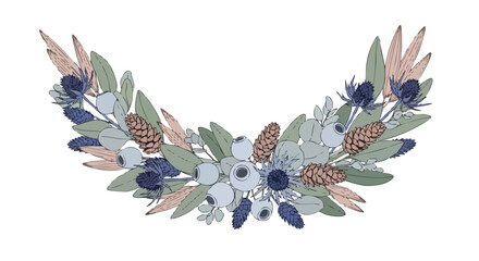 A delicate floral illustration features a graceful arc of blue and beige leaves, creating an elegant botanical design, perfect for various creative projects.