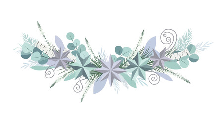 A delicate illustration features a festive arrangement of stars, eucalyptus, and other greenery in soft pastel colors, perfect for holiday designs.