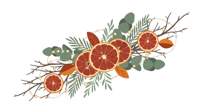 A festive illustration featuring dried orange slices, eucalyptus leaves, and delicate branches, perfect for holiday-themed designs.