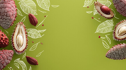Green background with tropical cacao pods and seeds arranged with playful mood