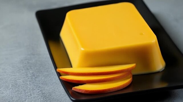This close-up shot features a vibrant, golden yellow dessert, likely a creamy pudding or jelly, elegantly presented on a sleek black rectangular plate. Three perfectly sliced, reddish-orange fruit pie