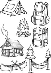 Collection of Camping and Outdoor Recreation Elements Including Tent, Cabin, Campfire, Backpacks, Canoe, Hammock and Trees