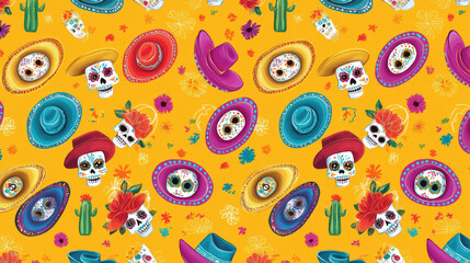 Colorful sugar skull pattern with sombrero hat and floral accents, festive mood
