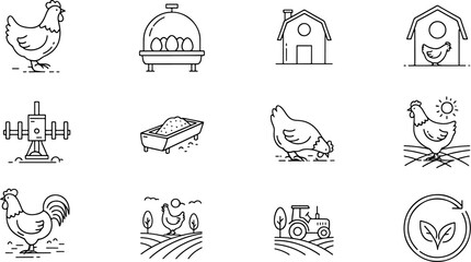 Collection of Chicken Farming Icons Showing Rooster, Hen, Barn, Incubator, Tractor, and Crops for Agriculture