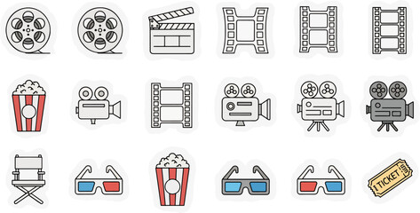 Collection of cinema and movie icons film reels clapboard popcorn 3D glasses director chair and ticket