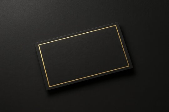 Black rectangular card with gold border on dark background. Luxury mockup for branding, invitation, greeting, or business design.