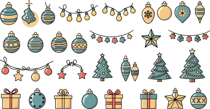 Collection of Christmas Ornaments Baubles Stars Trees Lights and Gift Boxes Festive Holiday Decorations Vector Elements