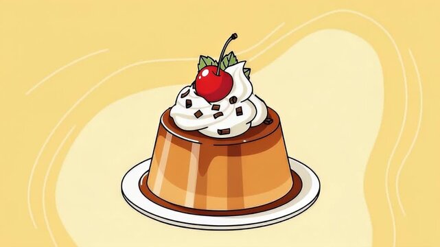This delightful, hand-drawn style illustration showcases a classic dessert, a glistening golden custard or flan, beautifully topped with a swirl of fluffy white whipped cream, a vibrant red cherry, de