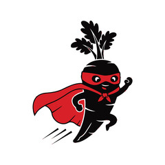 Cute cartoon radish character dressed as a superhero flying with a red cape and mask