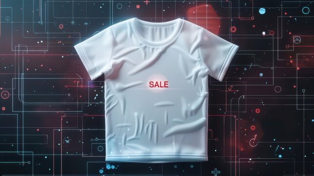 Black friday sale t-shirt mockup with futuristic digital background for marketing and promotions. Holiday template, mock-up for stores, shopping centers. Horizontal banner. Copy space