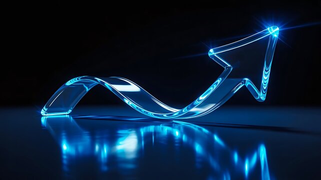 3d glowing blue arrow rising upward representing progress growth and digital innovation
