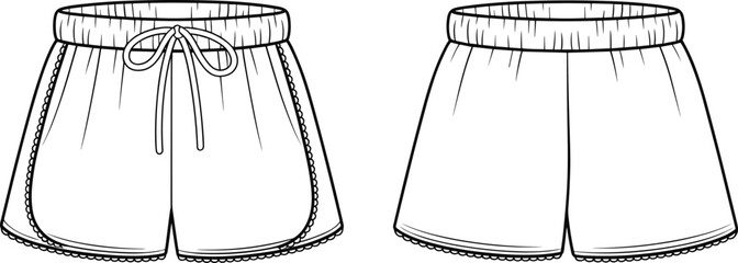 Women’s shorts fashion design, technical flat sketch, vector illustration, scalloped hem, drawstring waistband, front and back view, CAD drawing template