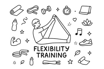 Flexibility Workout Doodle. A person performing a flexibility workout, using a stretching strap. Hand-drawn