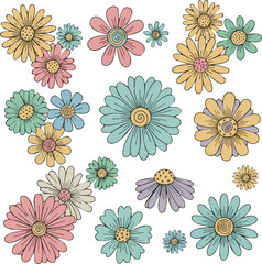 Create Hippy groovy daisy flowers set. Retro vintage style, hand drawn decorative elements. 60s, 70s, icon flower, pastel colors, kids cute decor. Flat cartoon illustration on white background.