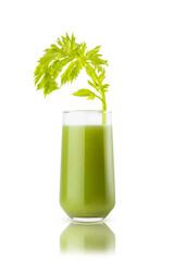Fresh green vegetable juice of spinach, greens, cucumber with a vibrant celery stalk garnish in glass, isolated. Antioxidant vitamin beverage of organic vegetable  for healthy eating menu restaurant.