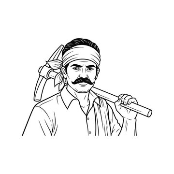 Strong indian farmer with a pickaxe over his shoulder wearing a headscarf and traditional shirt