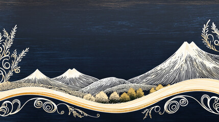 Ornate mountain landscape with decorative waves and foliage, elegant and serene