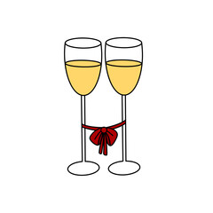 Two wine glasses with a red ribbon tied around the stems